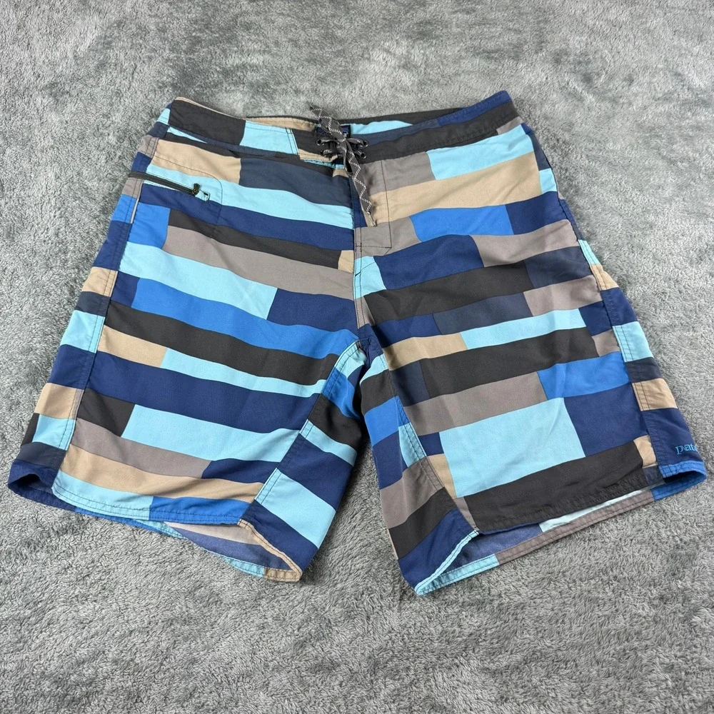 Patagonia Wavefarer Board Shorts 34 Blue Geometric Block Print Swim Trunks Surf